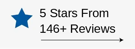 Blue star icon with text reading '5 Stars From 146+ Reviews' and a right-pointing arrow below the text.