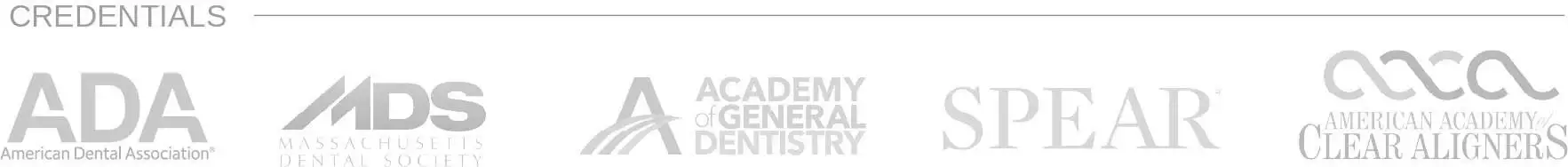 Credentials of Bedford Dental featuring logos of professional associations: American Dental Association (ADA), Massachusetts Dental Society (MDS), Academy of General Dentistry, SPEAR, and American Academy of Clear Aligners.