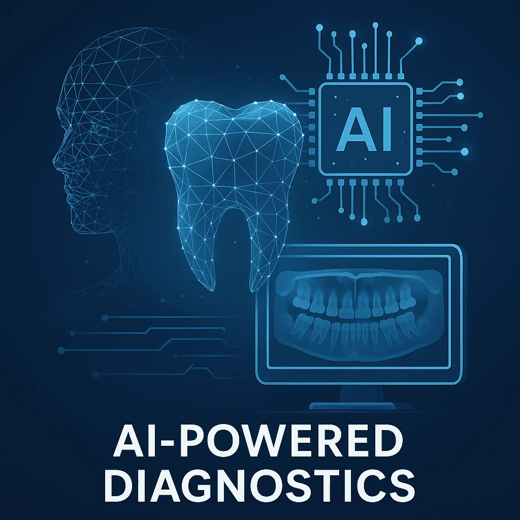 AI dental diagnostics at Bedford Dental with digital tooth, human silhouette, and x-ray, highlighting advanced care.