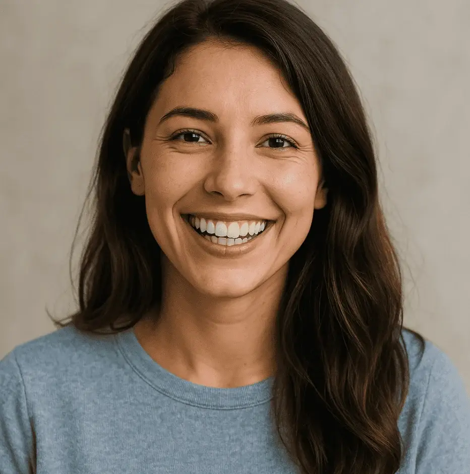 Smiling woman with straight, white teeth showcasing Invisalign results, highlighting dental health and aesthetics.