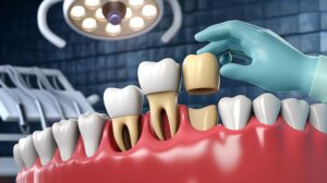 Dental crown placement restoring a tooth