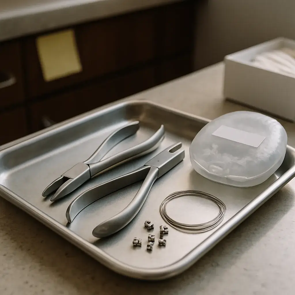 orthodontic-tools-aligners-brackets-tray-bedford Orthodontic tools and aligner case on a clinic tray in Bedford
