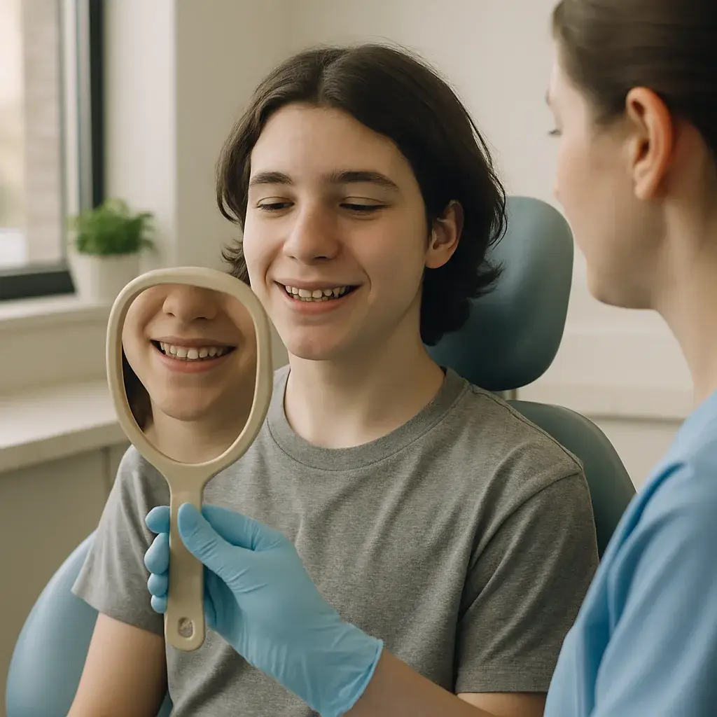 orthodontist-results-straightened-teeth-patient-bedford Teen patient checking straightened teeth after orthodontist visit in Bedford