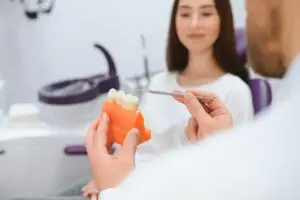 Dentist demonstrating a dental model while explaining tooth treatment options to a female patient.